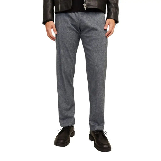 Jack & Jones grey cotton stretch trousers for men with a slim fit and gray herringbone pattern for fall winter