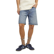 Jack & jones light blue cotton polyester shorts for men featuring light-wash denim with a classic five-pocket design and frayed hem