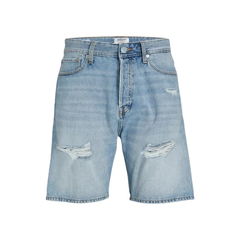 Jack & Jones hellblaue Baumwollshorts für Herren aus hell gewaschenem Denim mit Used-Look-Details an den Knien und fünf Taschen