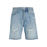 Jack & jones light blue cotton shorts for men featuring light-wash denim with distressed frayed holes at the knees and five-pocket design