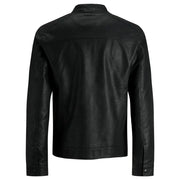 Schwarzer Herrenblazer von Jack & Jones aus Polyester mit langem Reißverschluss, klassischem Kragen und geknöpften Manschetten in Lederoptik.