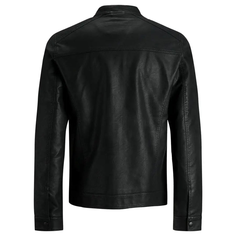Schwarzer Herrenblazer von Jack & Jones aus Polyester mit langem Reißverschluss, klassischem Kragen und geknöpften Manschetten in Lederoptik.