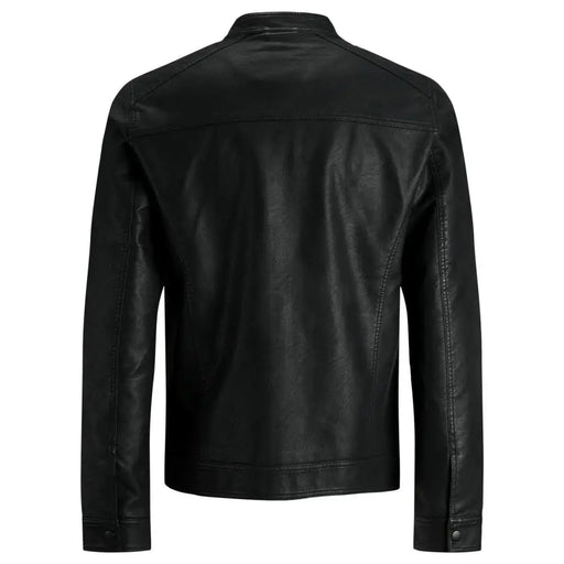 Schwarzer Herrenblazer von Jack & Jones aus Polyester mit langem Reißverschluss, klassischem Kragen und geknöpften Manschetten in Lederoptik.