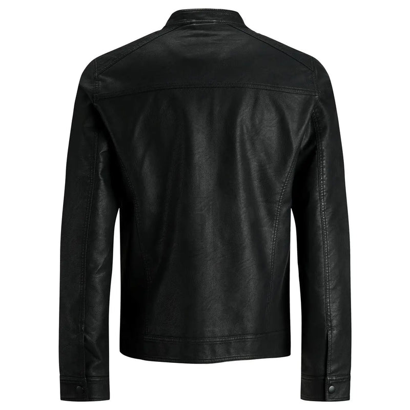 Jack and Jones men black polyester long zip blazer with classic collar and buttoned cuffs in faux leather texture