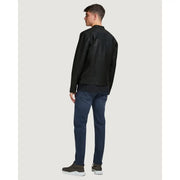 Jack and jones men black polyester long zip blazer featuring subtle stitching details on black leather jacket material