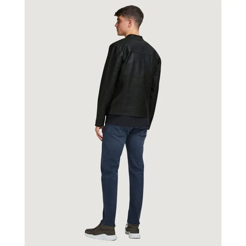 Jack and jones men black polyester long zip blazer featuring subtle stitching details on black leather jacket material