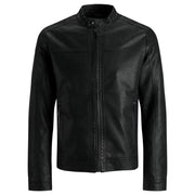 Schwarze Herren-Motorradjacke aus Kunstleder von Jack & Jones mit Stehkragen und Frontreißverschluss