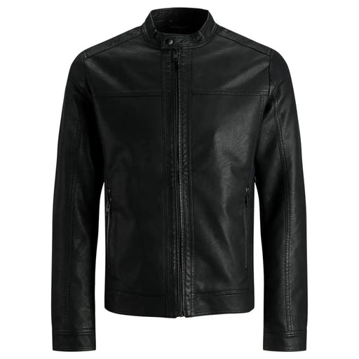 Schwarze Herren-Motorradjacke aus Kunstleder von Jack & Jones mit Stehkragen und Frontreißverschluss