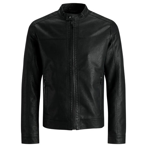 Jack and jones men black faux leather motorcycle jacket with stand-up collar and front zipper detail