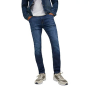Dunkelblaue, schmal geschnittene Jeans aus Denim mit Used-Look und klassischen Nähten von Jack and Jones, Herren-Jeans, blau, schlicht, Stretch, 12110056