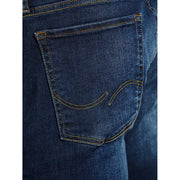 Gesäßtasche der Jack & Jones Herren-Jeans aus blauem, schlichtem Stretch-Denim mit gelben Ziernähten und geschwungener Logo-Naht
