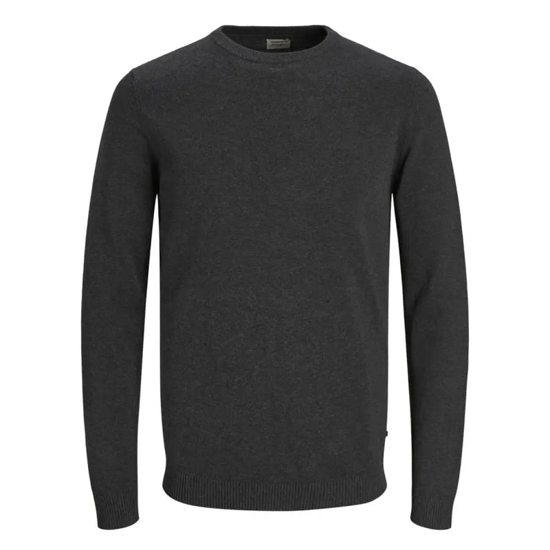 Jack and Jones Herren-Strickpullover aus grau meliertem Baumwollstrick mit Rundhalsausschnitt, melierter Struktur und gerippten Bündchen