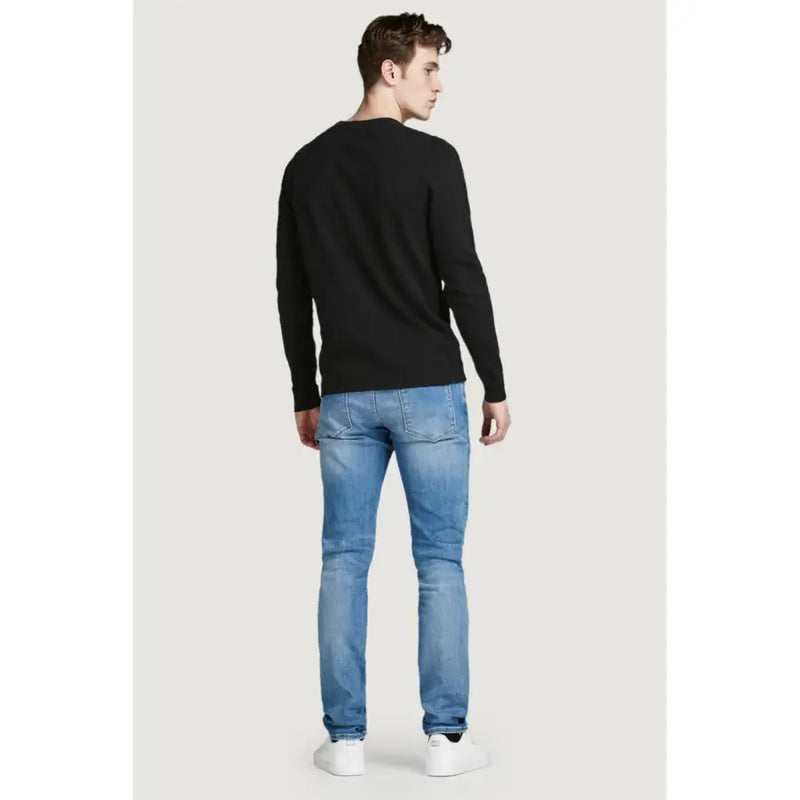 Schwarzer, langärmeliger Baumwollpullover mit Rundhalsausschnitt für Herren von Jack & Jones ideal für Freizeit- und Strickwaren