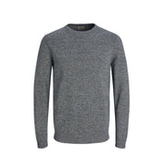 Jack and Jones men knitwear heather gray long sleeve crewneck sweater with soft knit texture and ribbed cuffs