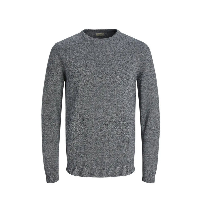 Jack and Jones men knitwear heather gray long sleeve crewneck sweater with soft knit texture and ribbed cuffs