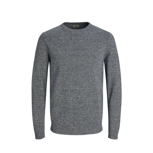 Jack and Jones men knitwear heather gray long sleeve crewneck sweater with soft knit texture and ribbed cuffs