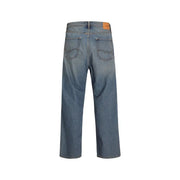 Rückansicht einer hellblauen, zerrissenen Herrenjeans von Jack & Jones aus Baumwoll-Elastan mit geradem Bein und klassischen Taschen.