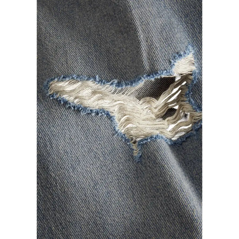 Ein Used-Look-Denim-Stoff mit verwaschenem Blau und ausgefransten Kanten bei Jack & Jones Herren-Jeans in Hellblau mit Rissen aus Baumwolle und Elastan.
