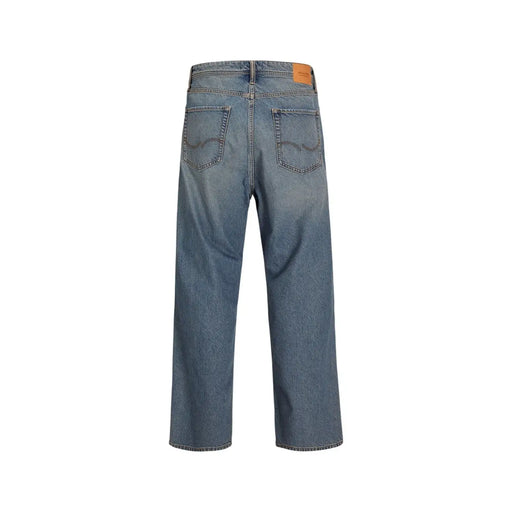 Back view of jack and jones men light blue ripped jeans in cotton elastane with straight-leg and classic pockets