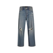 Hochgeschnittene, weite Jack & Jones Herrenjeans in Hellblau mit Rissen aus Baumwoll-Elastan, verwaschener Optik und Used-Look an den Knien