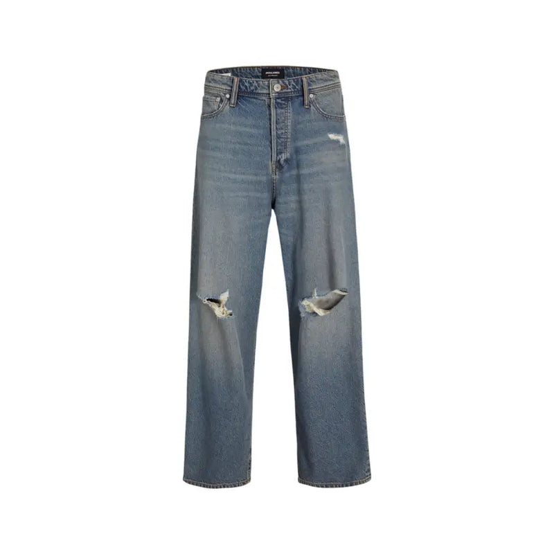 Hochgeschnittene, weite Jack & Jones Herrenjeans in Hellblau mit Rissen aus Baumwoll-Elastan, verwaschener Optik und Used-Look an den Knien