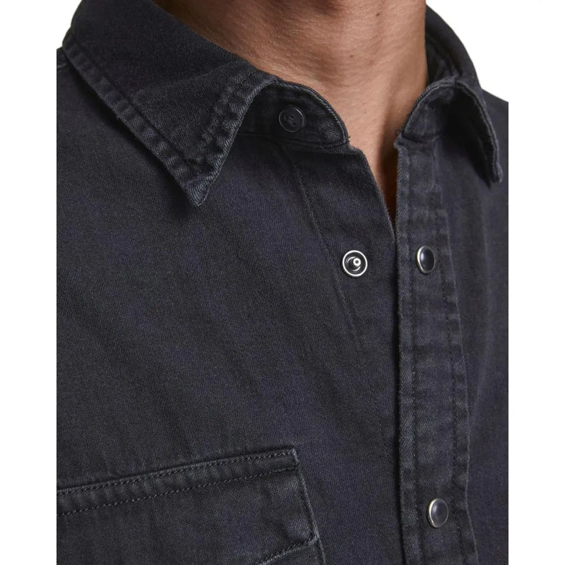 Jack & Jones men shirt in black denim with classic collar and silver toned buttons for casual wear
