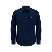Jack jones men shirt dark navy blue long-sleeved button-up with two chest pockets and white buttons