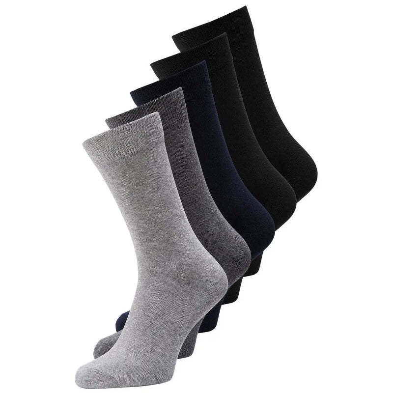 A set of five jack & jones men underwear crew-length socks in varying gray and black shades made of soft knit fabric