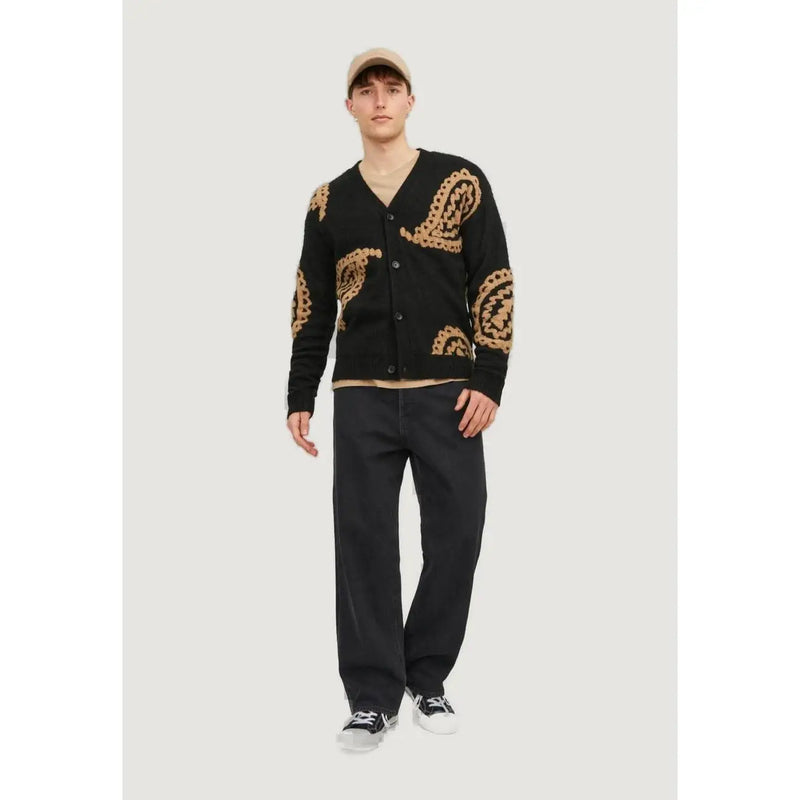 Jack & jones men’s black cardigan with gold paisley knit patterns on shoulders and sleeves cotton blend spring summer