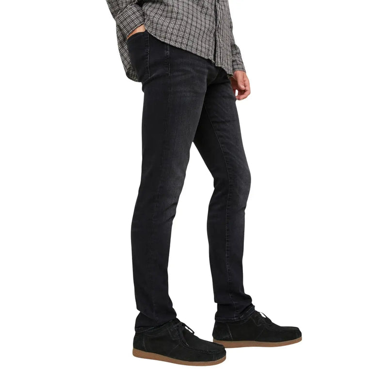 Jack and Jones men’s black slim fit denim jeans with subtle faded wash and classic five pocket design for fall winter