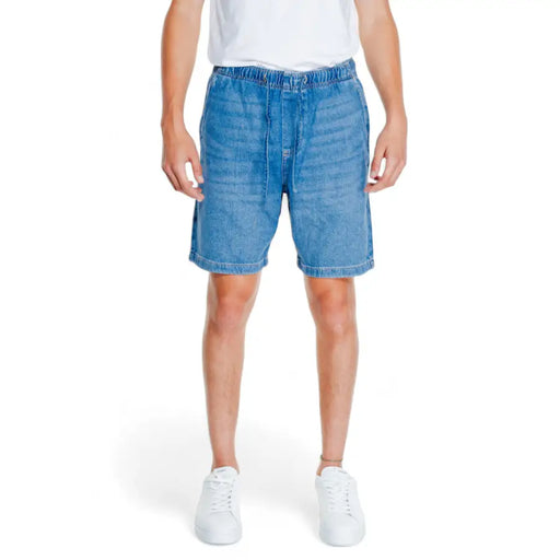 Light-wash blue cotton denim shorts with elastic waistband and drawstring from Jack & Jones spring summer collection