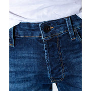 Jack & Jones Herren-Jeans aus blauem Denim mit gelben Nähten, schwarzem Bund, Knopf und sichtbaren Taschen.