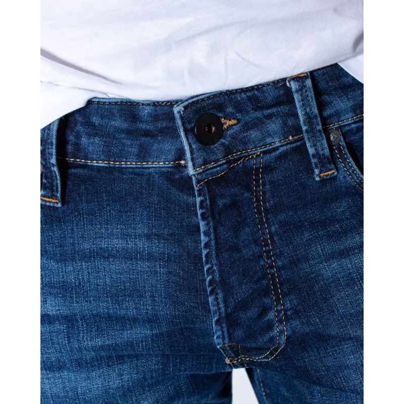 Jack & Jones Herren-Jeans aus blauem Denim mit gelben Nähten, schwarzem Bund, Knopf und sichtbaren Taschen.