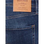Jack & jones men’s dark blue denim jeans with worn-out effect and tan leather brand label on the back side
