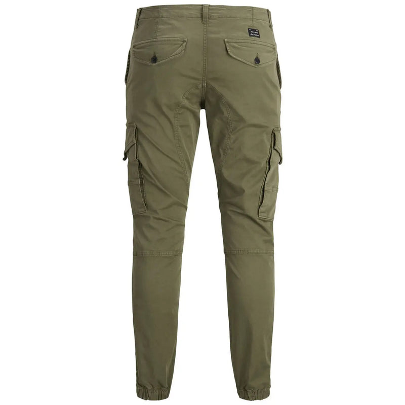 Jack & Jones men’s olive green cargo pants with multiple pockets and tapered leg design for casual wear