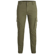 Jack & Jones men’s olive green cargo pants with multiple pockets and button closure for casual wear