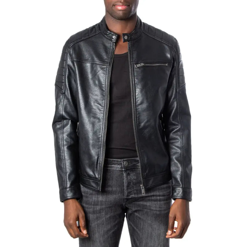 Men’s black faux leather biker jacket with stand collar and zippered pockets for Jack & Jones Fall Winter collection
