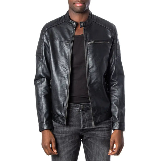 Men’s black faux leather biker jacket with stand collar and zippered pockets for Jack & Jones Fall Winter collection