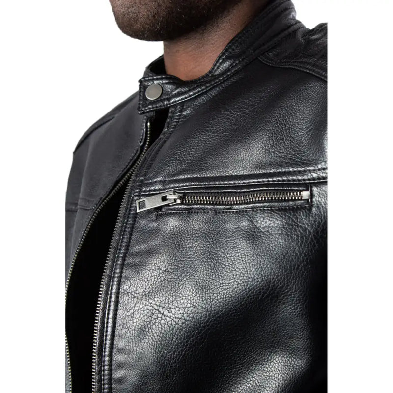 Jack & Jones Langer Herrenblazer mit Reißverschluss aus schwarzem Leder mit strukturierter Oberfläche und silberfarbenen Reißverschlussdetails für Herbst und Winter