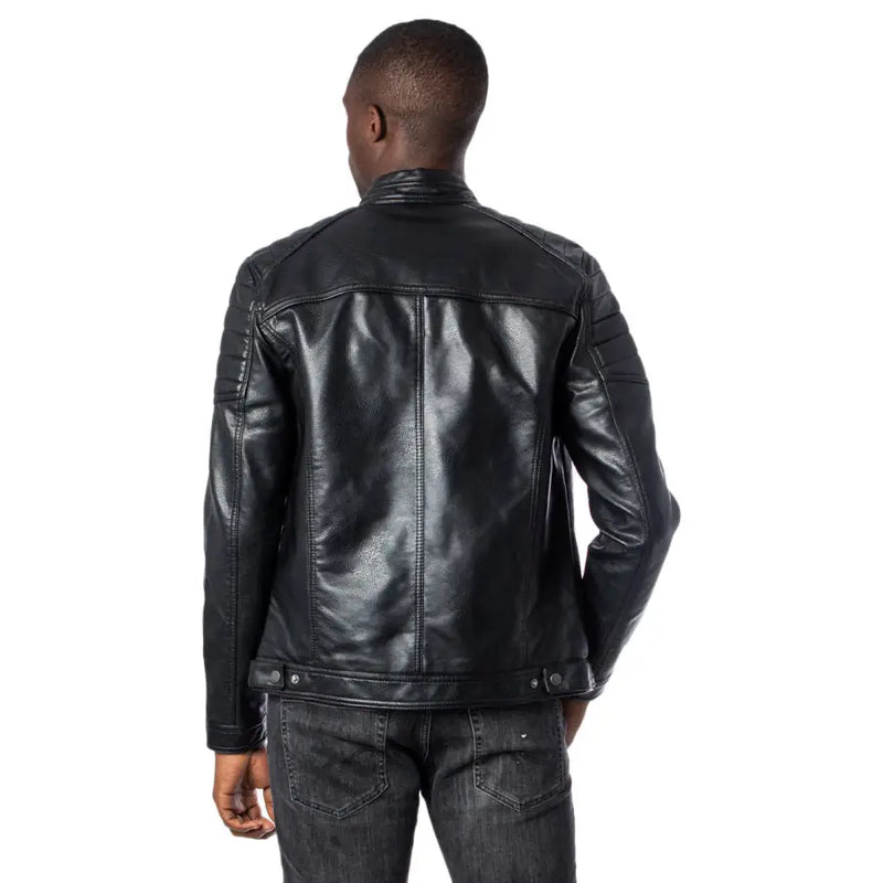 Jack & Jones Herrenblazer aus schwarzem Leder mit langem Reißverschluss, gesteppten Schulterpartien und Druckknopfmanschetten für Herbst und Winter