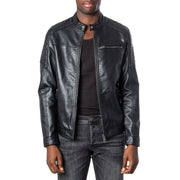 Schwarze Motorradjacke aus Kunstleder mit gesteppten Schulterpartien und silbernen Reißverschlüssen für Herren von jack & jones