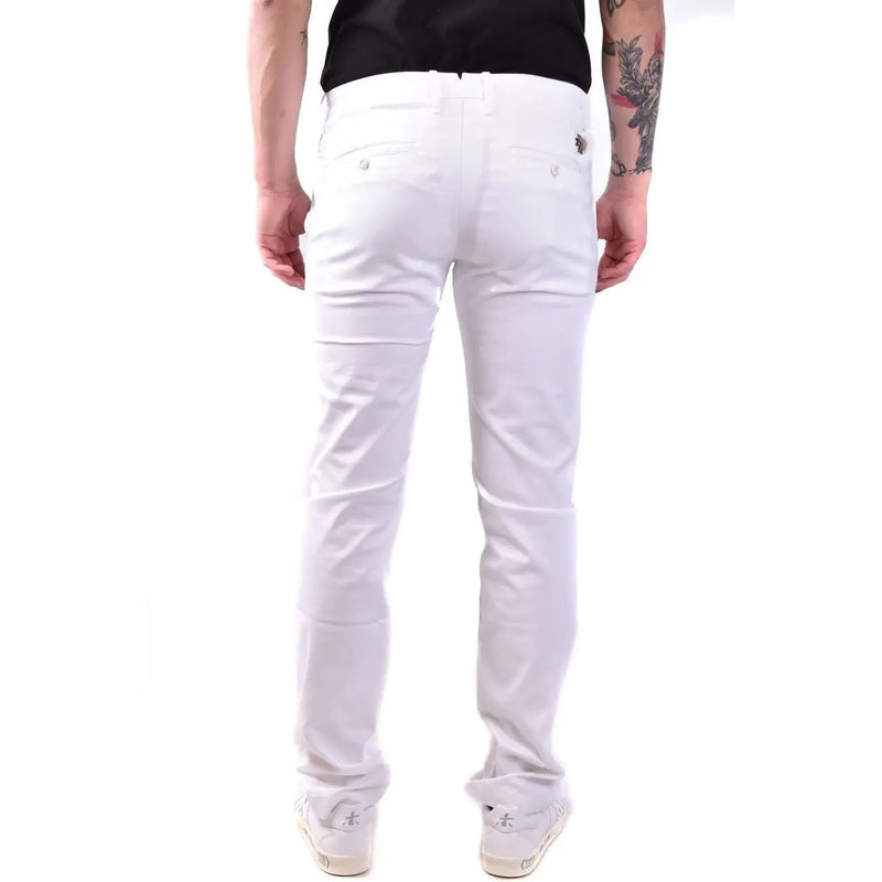 White slim-fit jacob cohen men cotton trousers with textured fabric and embroidered logo on back pocket shown from back side