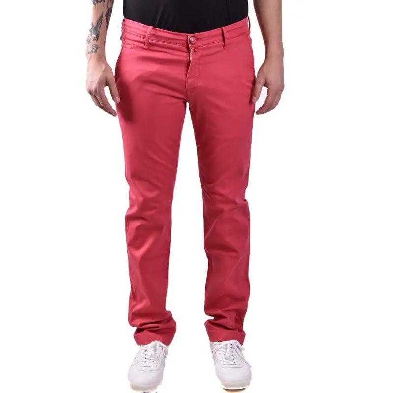 Men’s slim-fit red chino pants with white sneakers, featured in Jacob Cohen Mens Red Cotton Trousers