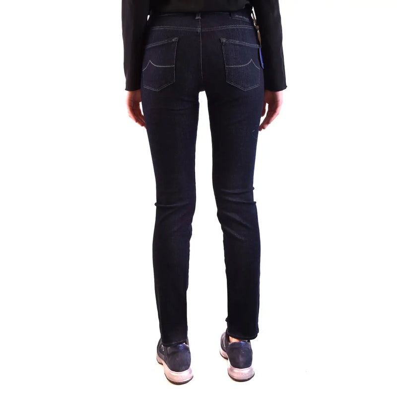Dunkelblaue Skinny-Jeans mit schmaler Passform und klassischen Gesäßtaschen aus Baumwollmischgewebe von Jacob Cohen Women, von hinten sichtbar