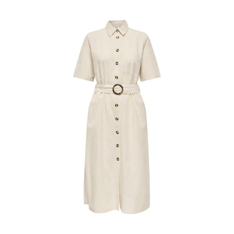 Jacqueline de yong beige belted button front dress cream-colored midi button-down with short sleeves and gold-tone buckle belt
