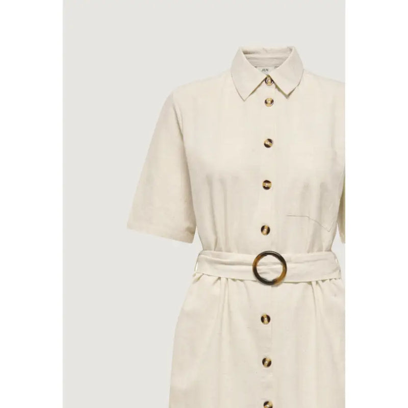Jacqueline De Yong beige cream cotton shirt dress with gold buttons and tortoiseshell belt buckle