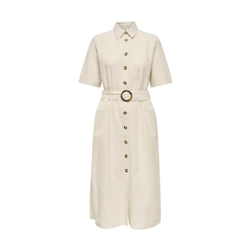 Jacqueline De Yong beigefarbenes, tailliertes Midikleid mit Knopfleiste