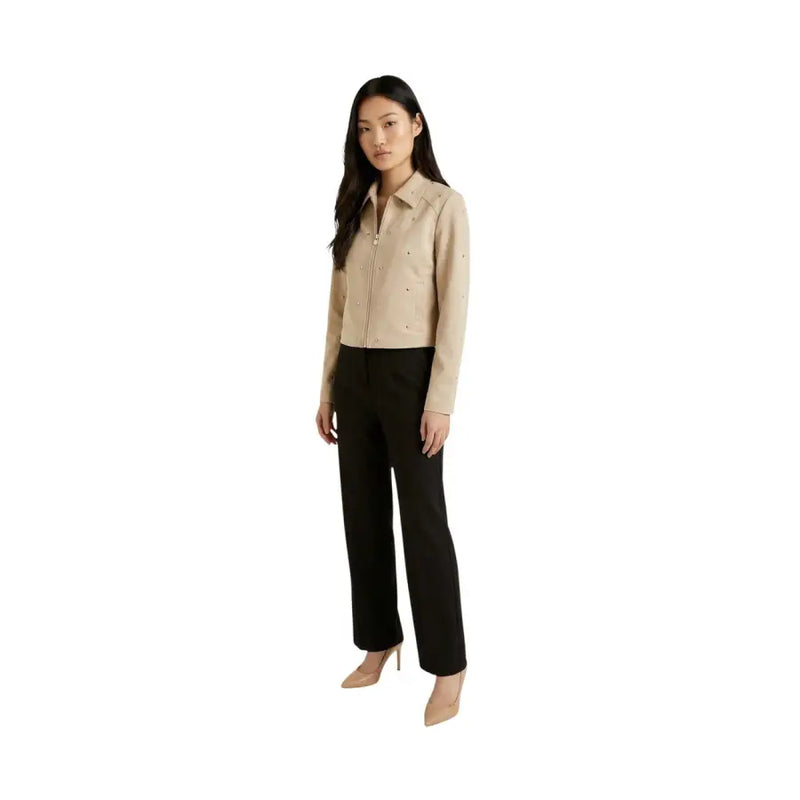 Jacqueline de yong beige leather long blazer with zip pockets and subtle stud detailing on front