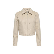 Jacqueline De Yong beige leather jacket with black stud detailing and front zipper for stylish outerwear