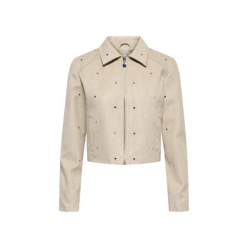 Jacqueline De Yong beige leather jacket with black stud detailing and front zipper for stylish outerwear